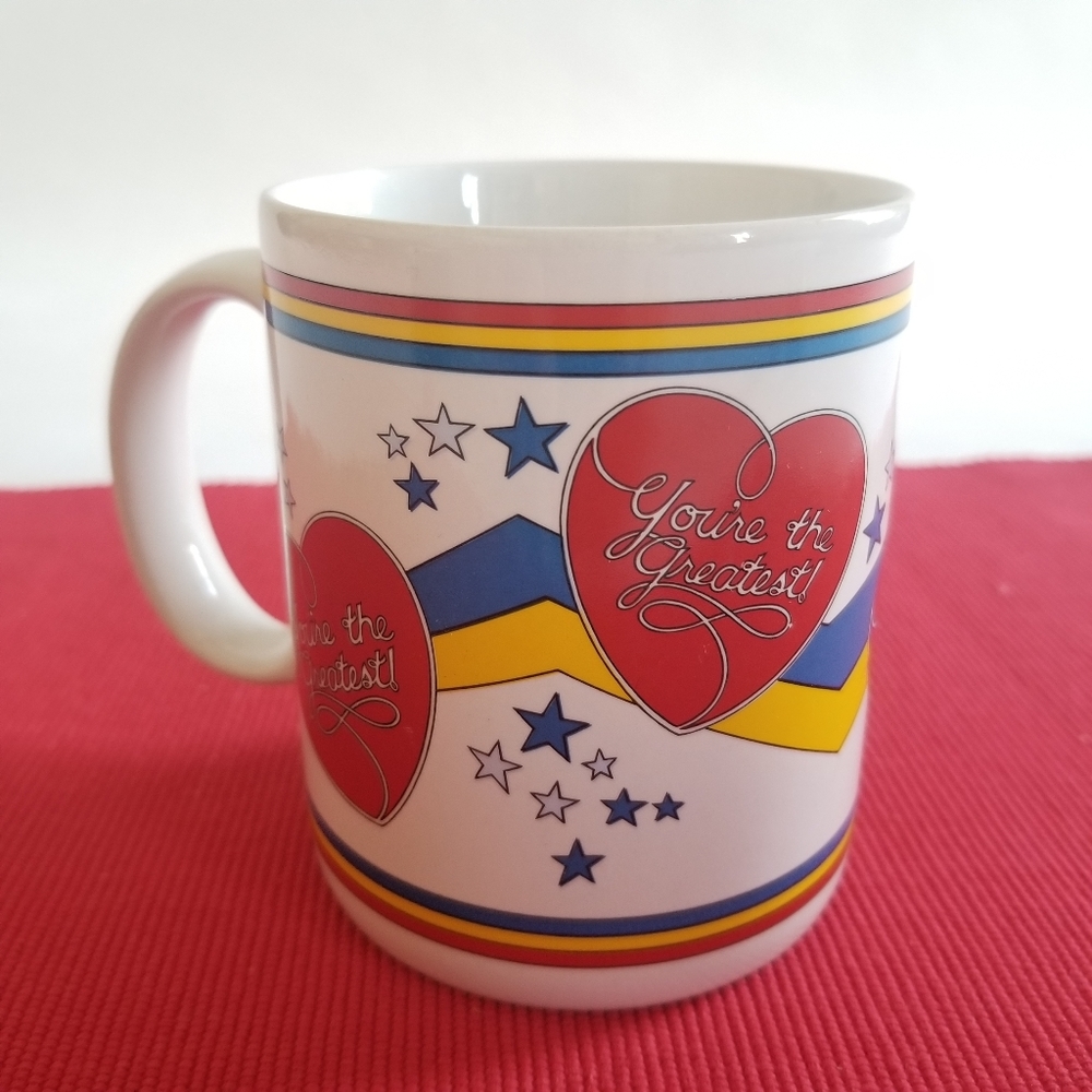 VTG 1980s primary colored YOU'RE THE GREATEST heart mug